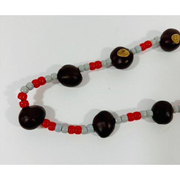 Handmade Buckeye Nut Necklace With Red & Gray Beads For Sports Fans Ohio State E - Picture 3 of 11
